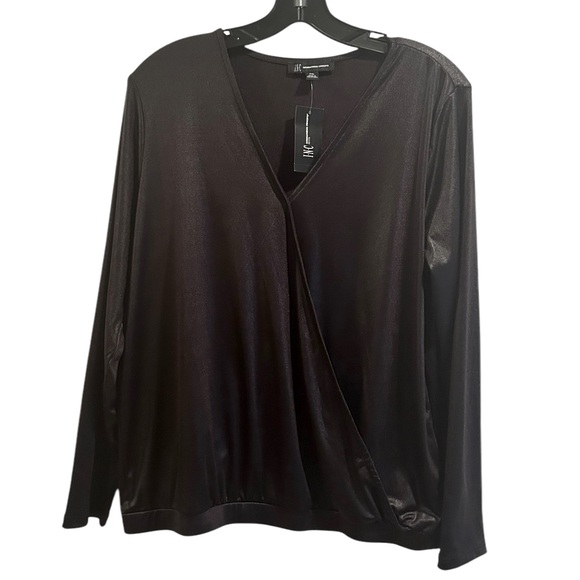 NWT International Concepts black v neck coated long sleeve blouse size XLP - Picture 1 of 10